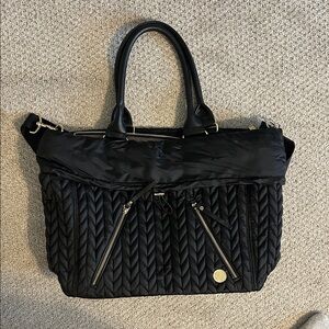 Quilted Black Baby Tote Bag with Dual Zip Front Pockets